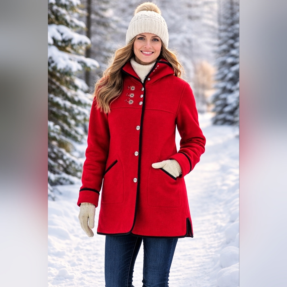 Vintage L.L.Bean Boiled Wool Coat M Red Austria Tyrolean Alpine Embroidery